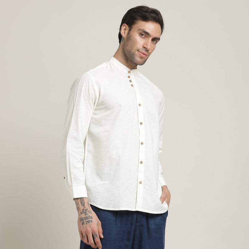 Viceroy Shirt - Regular Fit - Mandarin Collar - 3 Statement Loop Buttons - Linen Cotton – Ecru