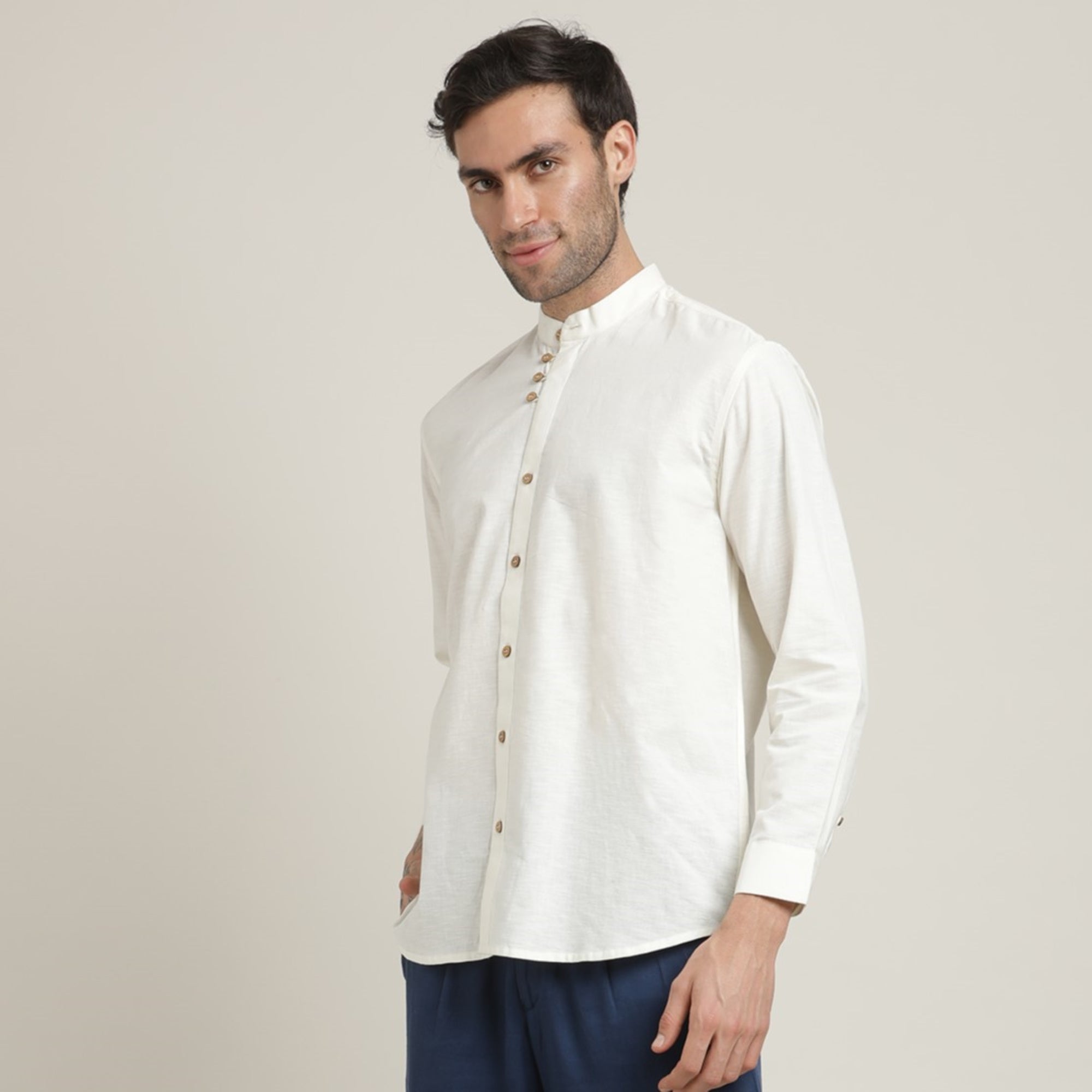 Viceroy Shirt - Regular Fit - Mandarin Collar - 3 Statement Loop Buttons - Linen Cotton – Ecru