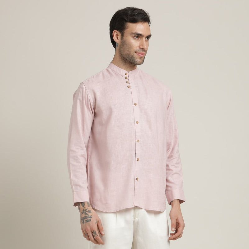 Viceroy Shirt - Regular Fit - Mandarin Collar - 3 Statement Loop Buttons - Linen Cotton – Pastel Pink