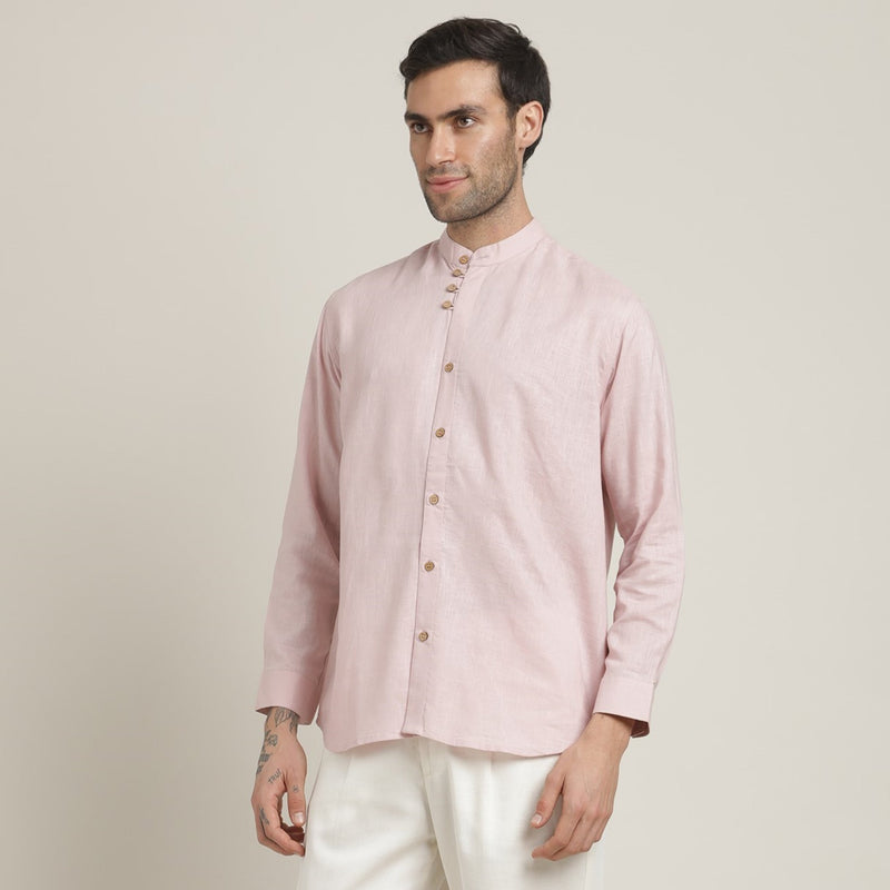 Viceroy Shirt - Regular Fit - Mandarin Collar - 3 Statement Loop Buttons - Linen Cotton – Pastel Pink
