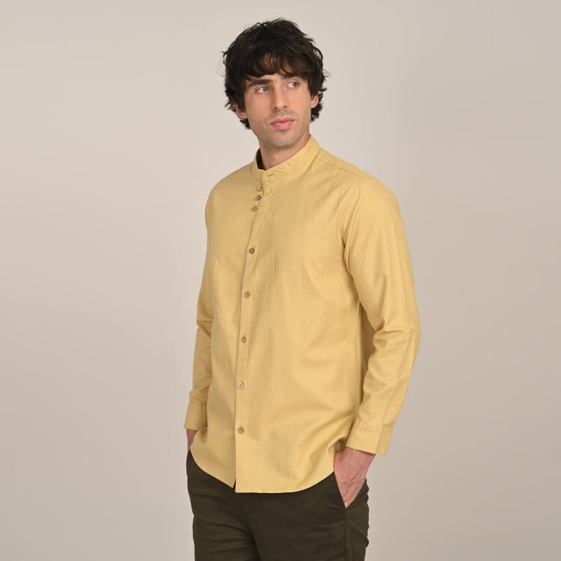 Viceroy Set of 2 - Regular Fit Mandarin Collar Shirt Statement Loop Buttons & Relaxed Fit Pleated Chinos  Butter Yellow & Olive Green