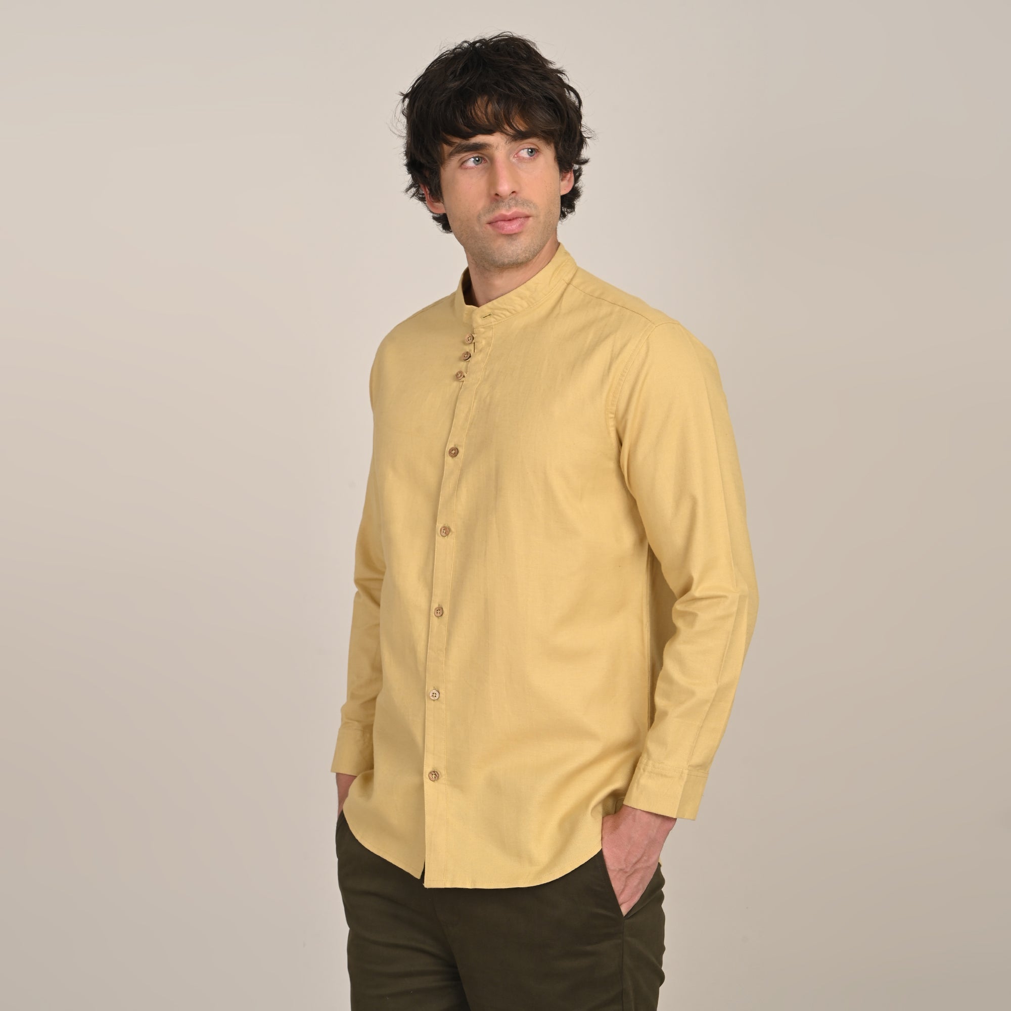 Viceroy Shirt - Regular Fit - Mandarin Collar - 3 Statement Loop Buttons - Linen Cotton  Butter Yellow