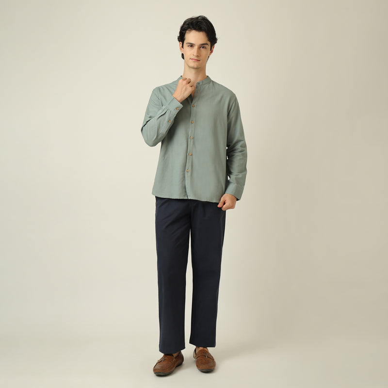 Field Set of 2 -  Relaxed Fit Mandarin Collar Shirt & Relaxed Fit Pleated Cotton Chinos  Agave Green & Navy Blue