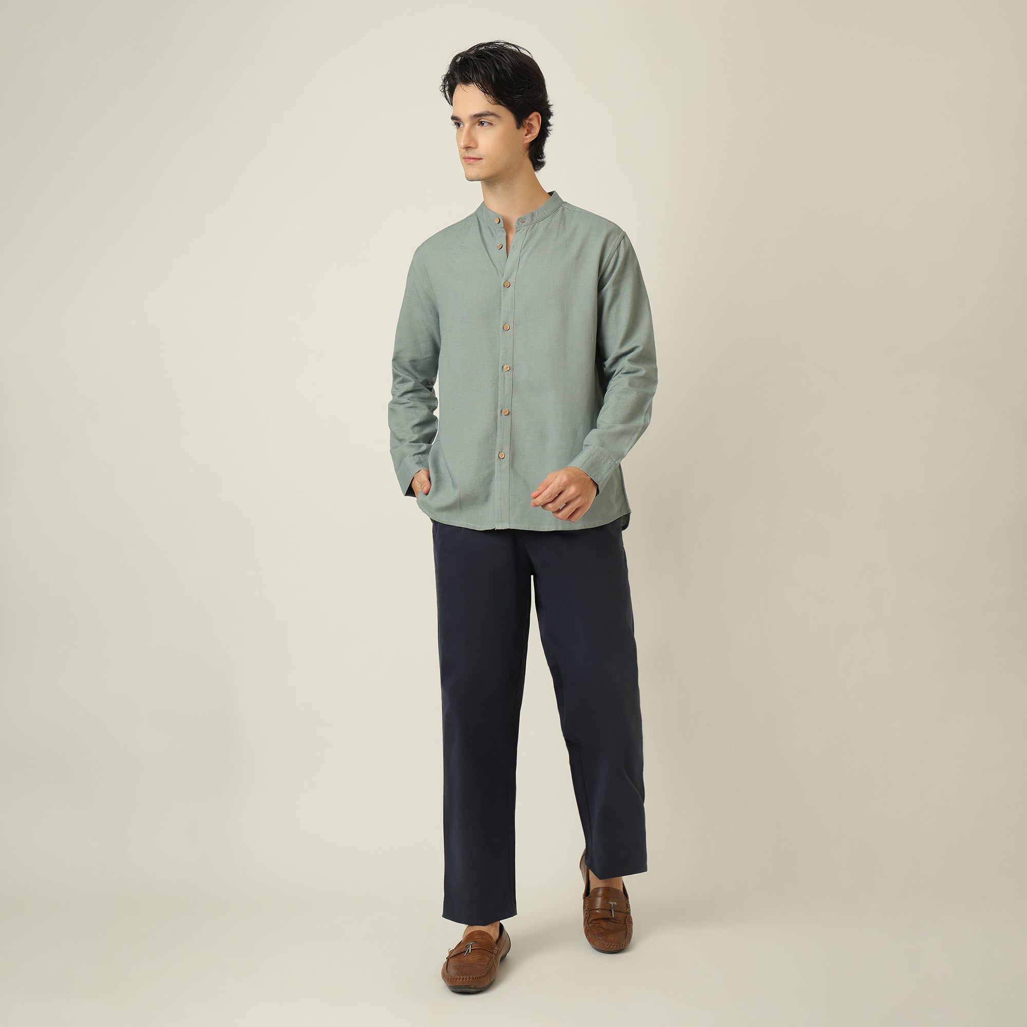 Field Set of 2 -  Relaxed Fit Mandarin Collar Shirt & Relaxed Fit Pleated Cotton Chinos  Agave Green & Navy Blue