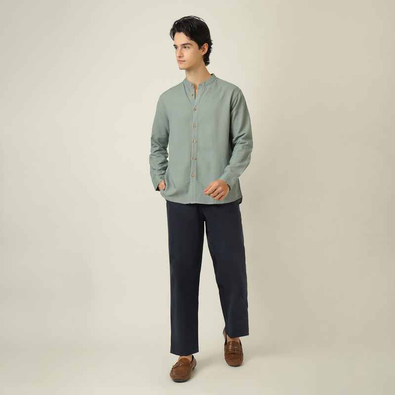 Field Set of 2 -  Relaxed Fit Mandarin Collar Shirt & Relaxed Fit Pleated Cotton Chinos  Agave Green & Navy Blue