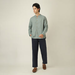 Field Set of 2 -  Relaxed Fit Mandarin Collar Shirt & Relaxed Fit Pleated Cotton Chinos  Agave Green & Navy Blue