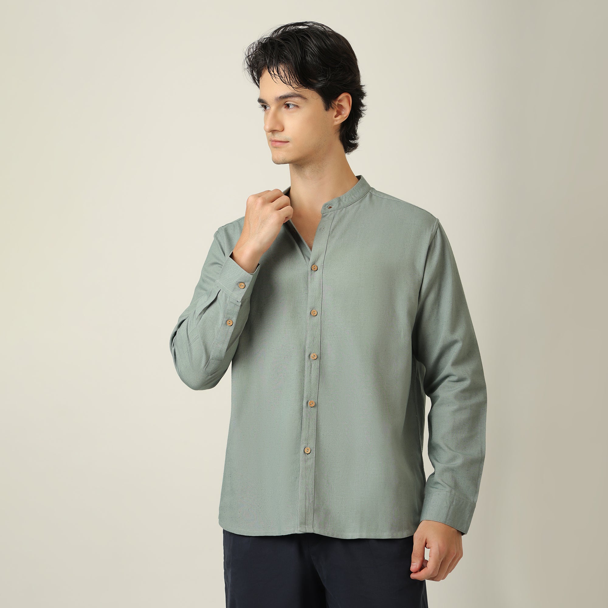 Field Set of 2 -  Relaxed Fit Mandarin Collar Shirt & Relaxed Fit Pleated Cotton Chinos  Agave Green & Navy Blue
