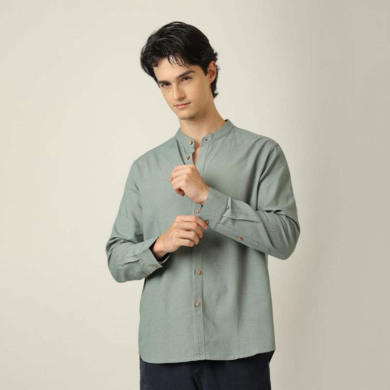 Field Set of 2 -  Relaxed Fit Mandarin Collar Shirt & Relaxed Fit Pleated Cotton Chinos  Agave Green & Navy Blue