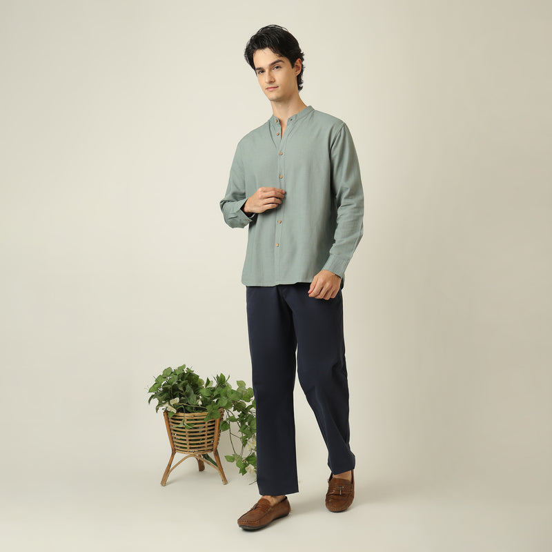 Field Set of 2 -  Relaxed Fit Mandarin Collar Shirt & Relaxed Fit Pleated Cotton Chinos  Agave Green & Navy Blue