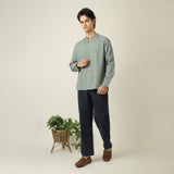 Field Set of 2 -  Relaxed Fit Mandarin Collar Shirt & Relaxed Fit Pleated Cotton Chinos  Agave Green & Navy Blue