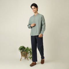 Field Set of 2 -  Relaxed Fit Mandarin Collar Shirt & Relaxed Fit Pleated Cotton Chinos  Agave Green & Navy Blue