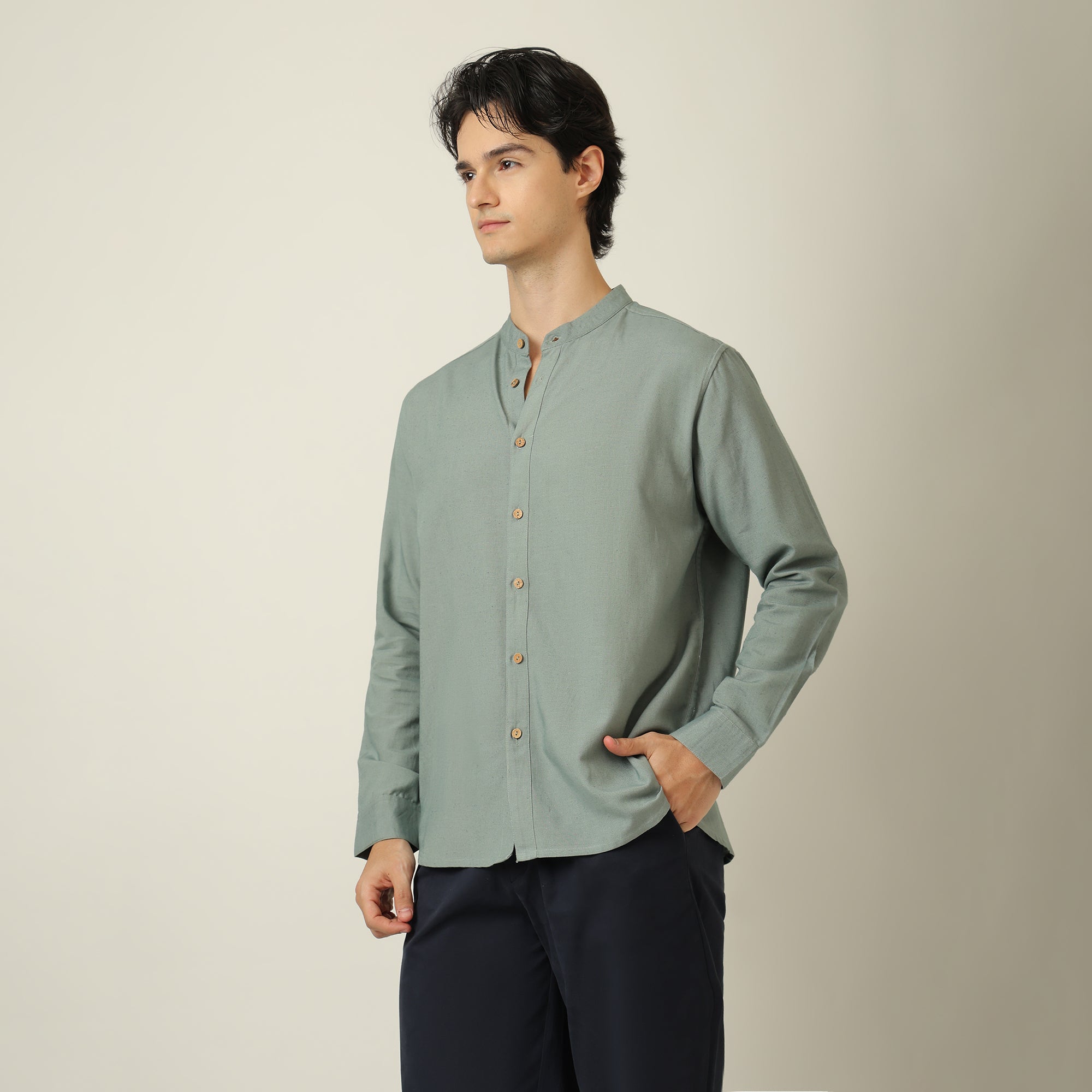 Field Set of 2 -  Relaxed Fit Mandarin Collar Shirt & Relaxed Fit Pleated Cotton Chinos  Agave Green & Navy Blue