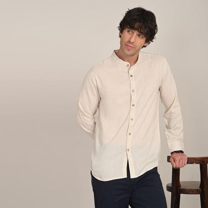 Field Shirt - Relaxed Fit - Mandarin Collar - Linen Blend  Beige