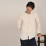 Field Shirt - Relaxed Fit - Mandarin Collar - Linen Blend  Beige