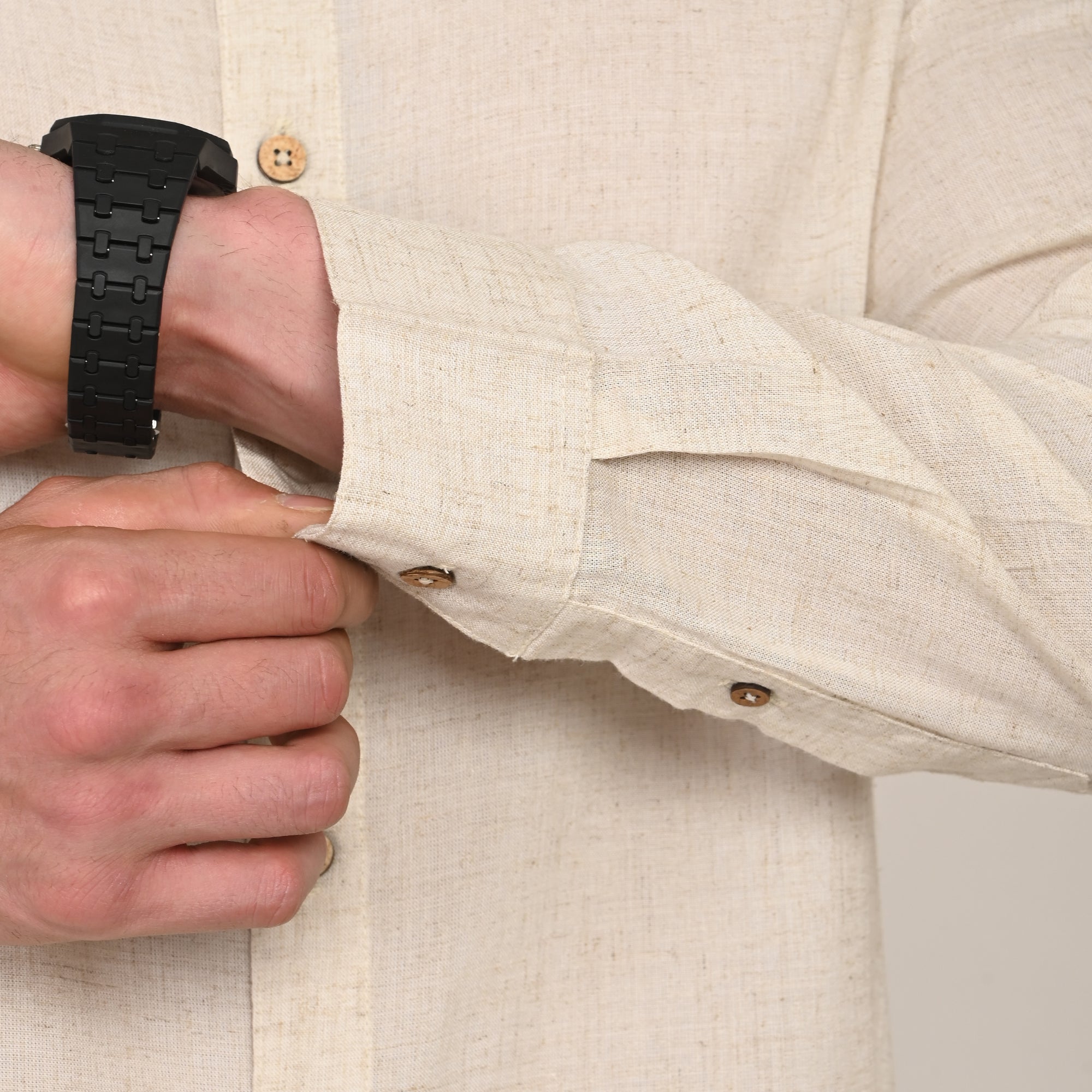 Field Shirt - Relaxed Fit - Mandarin Collar - Linen Blend  Beige