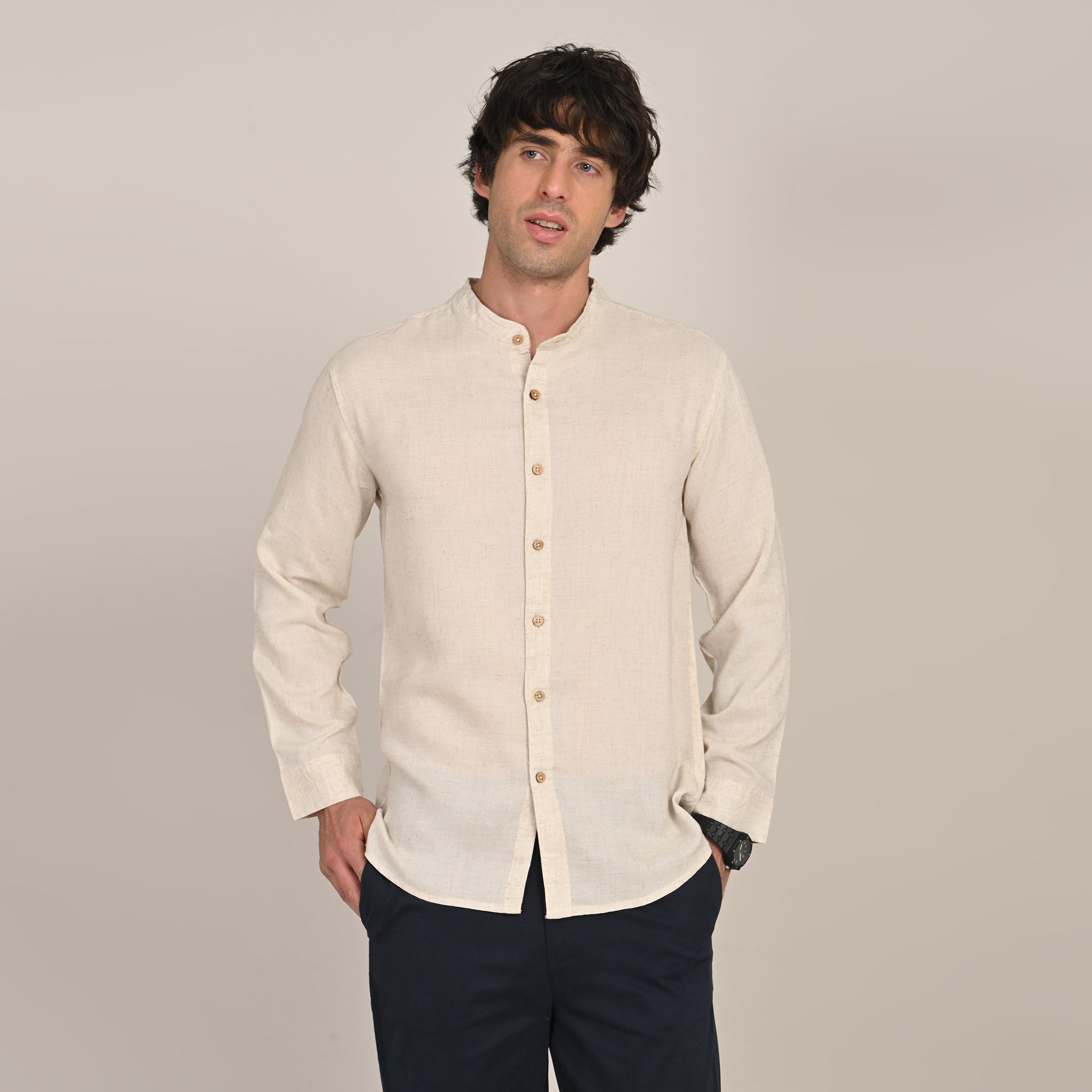 Field Shirt - Relaxed Fit - Mandarin Collar - Linen Blend  Beige