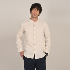Field Shirt - Relaxed Fit - Mandarin Collar - Linen Blend  Beige