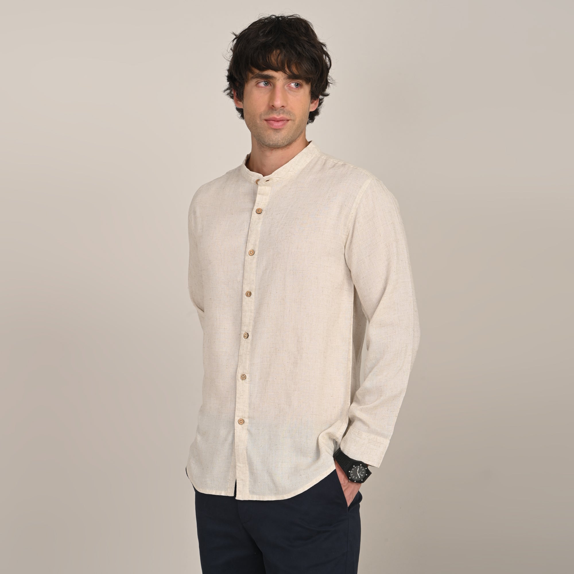 Field Shirt - Relaxed Fit - Mandarin Collar - Linen Blend  Beige