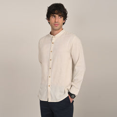 Field Shirt - Relaxed Fit - Mandarin Collar - Linen Blend  Beige