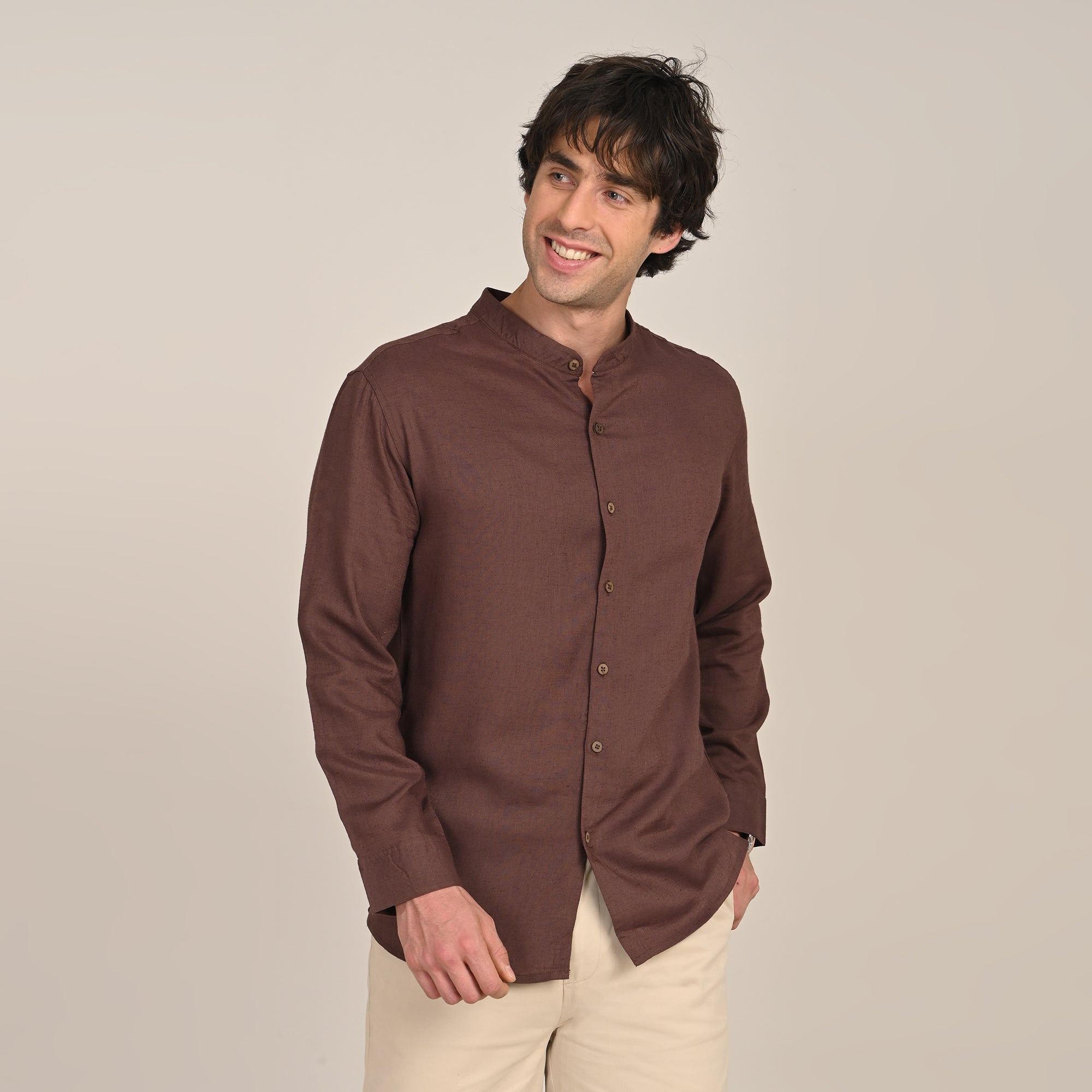 Field Shirt - Relaxed Fit - Mandarin Collar - Linen Blend  Coffee Brown