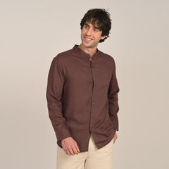Field Shirt - Relaxed Fit - Mandarin Collar - Linen Blend  Coffee Brown