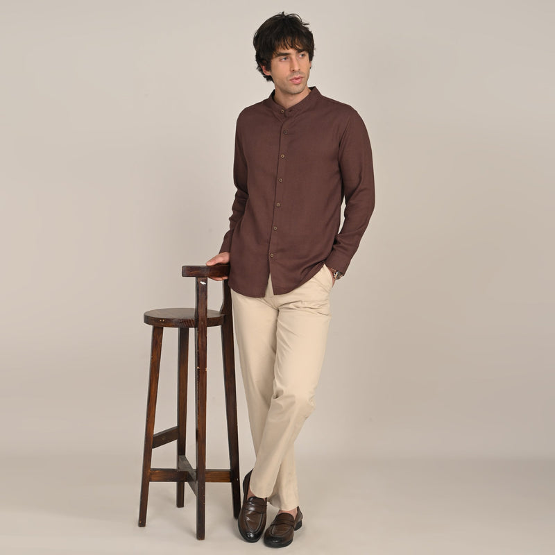 Field Shirt - Relaxed Fit - Mandarin Collar - Linen Blend  Coffee Brown
