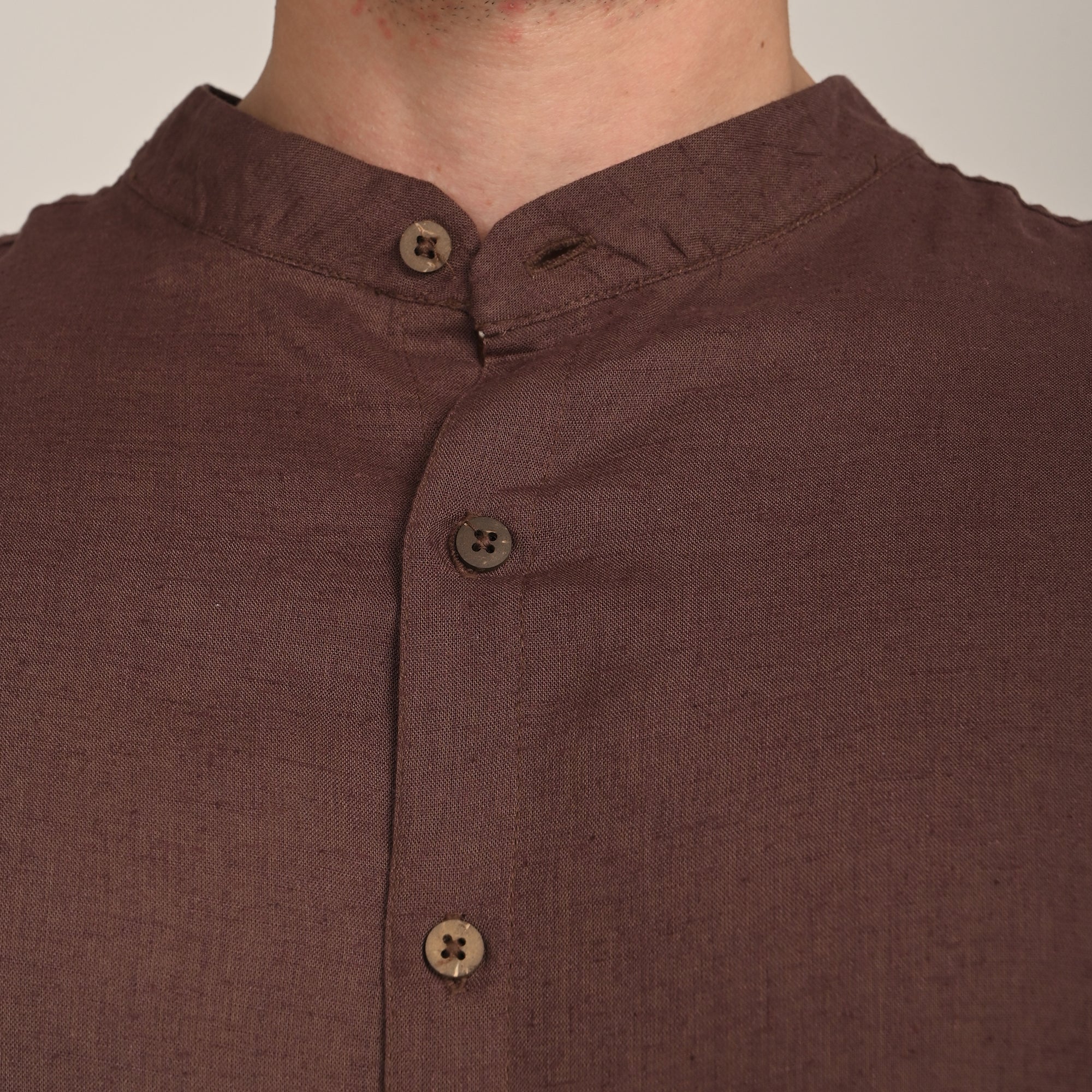 Field Shirt - Relaxed Fit - Mandarin Collar - Linen Blend  Coffee Brown