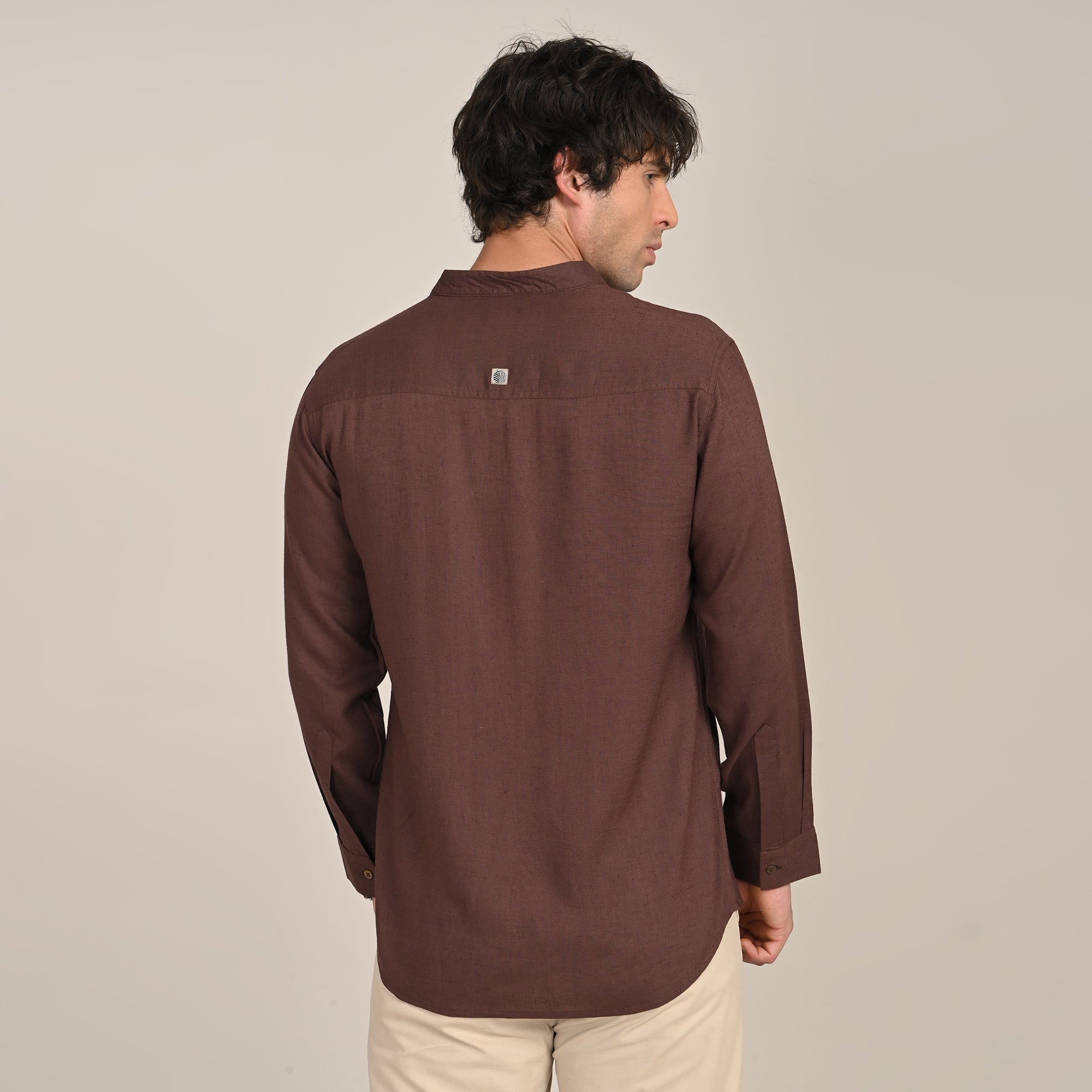 Field Shirt - Relaxed Fit - Mandarin Collar - Linen Blend  Coffee Brown