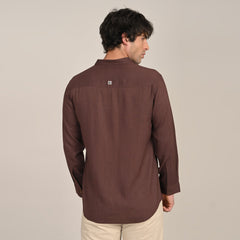 Field Shirt - Relaxed Fit - Mandarin Collar - Linen Blend  Coffee Brown