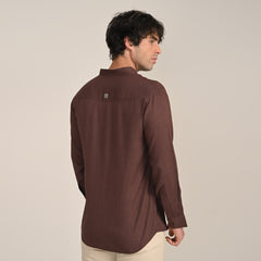 Field Shirt - Relaxed Fit - Mandarin Collar - Linen Blend  Coffee Brown