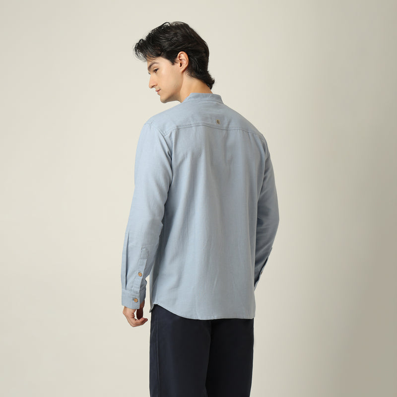 Field Shirt - Relaxed Fit - Mandarin Collar - Linen Blend Dusty Blue