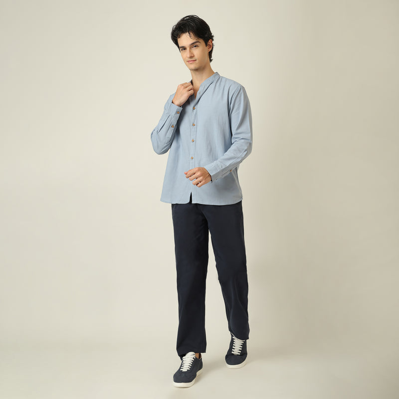 Field Set of 2 - Relaxed Fit Mandarin Collar Shirt & Relaxed Fit Pleated Cotton Chinos – Dusty Blue & Navy