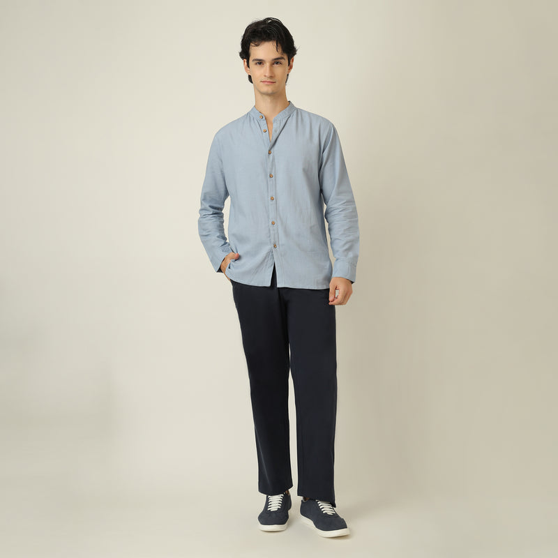 Field Set of 2 - Relaxed Fit Mandarin Collar Shirt & Relaxed Fit Pleated Cotton Chinos – Dusty Blue & Navy