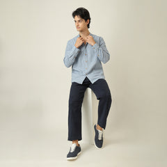 Field Set of 2 – Relaxed Fit Mandarin Collar Shirt & Relaxed Fit Pleated Cotton Chinos – Dusty Blue & Navy