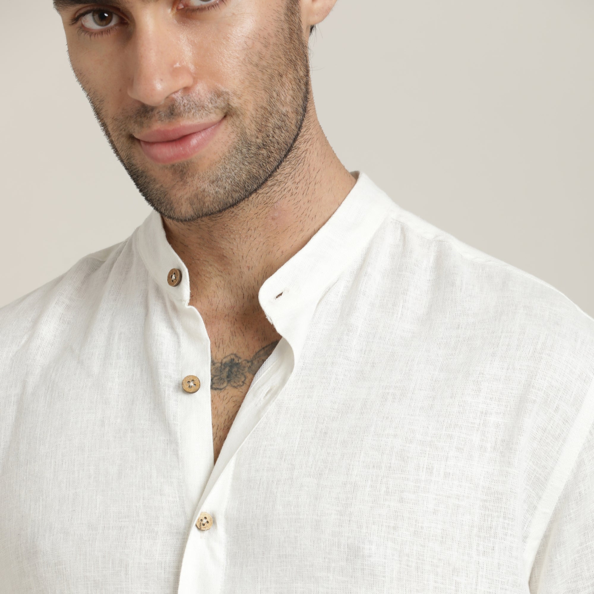 Field Shirt - Relaxed Fit - Mandarin Collar - Linen Blend – Ecru