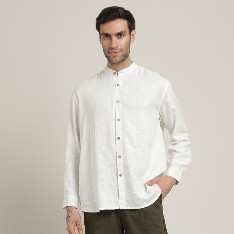 Field Set of 2 - Relaxed Fit Mandarin Collar Shirt & Relaxed Fit Pleated Cotton Chinos – Ecru & Army Green