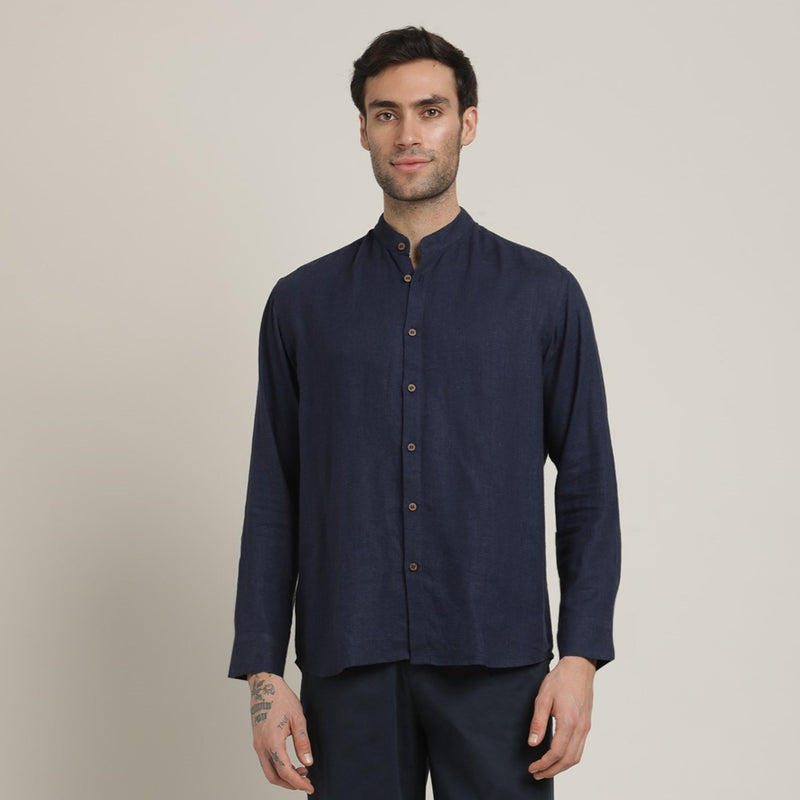 Field Set of 2 - Relaxed Fit Mandarin Collar Shirt & Relaxed Fit Pleated Cotton Chinos – Navy Blue