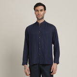 Field Shirt - Relaxed Fit - Mandarin Collar - Linen Blend – Navy Blue