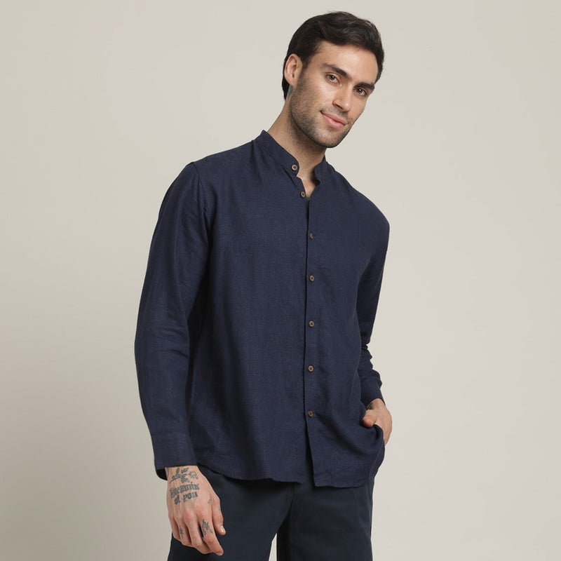 Field Shirt - Relaxed Fit - Mandarin Collar - Linen Blend – Navy Blue