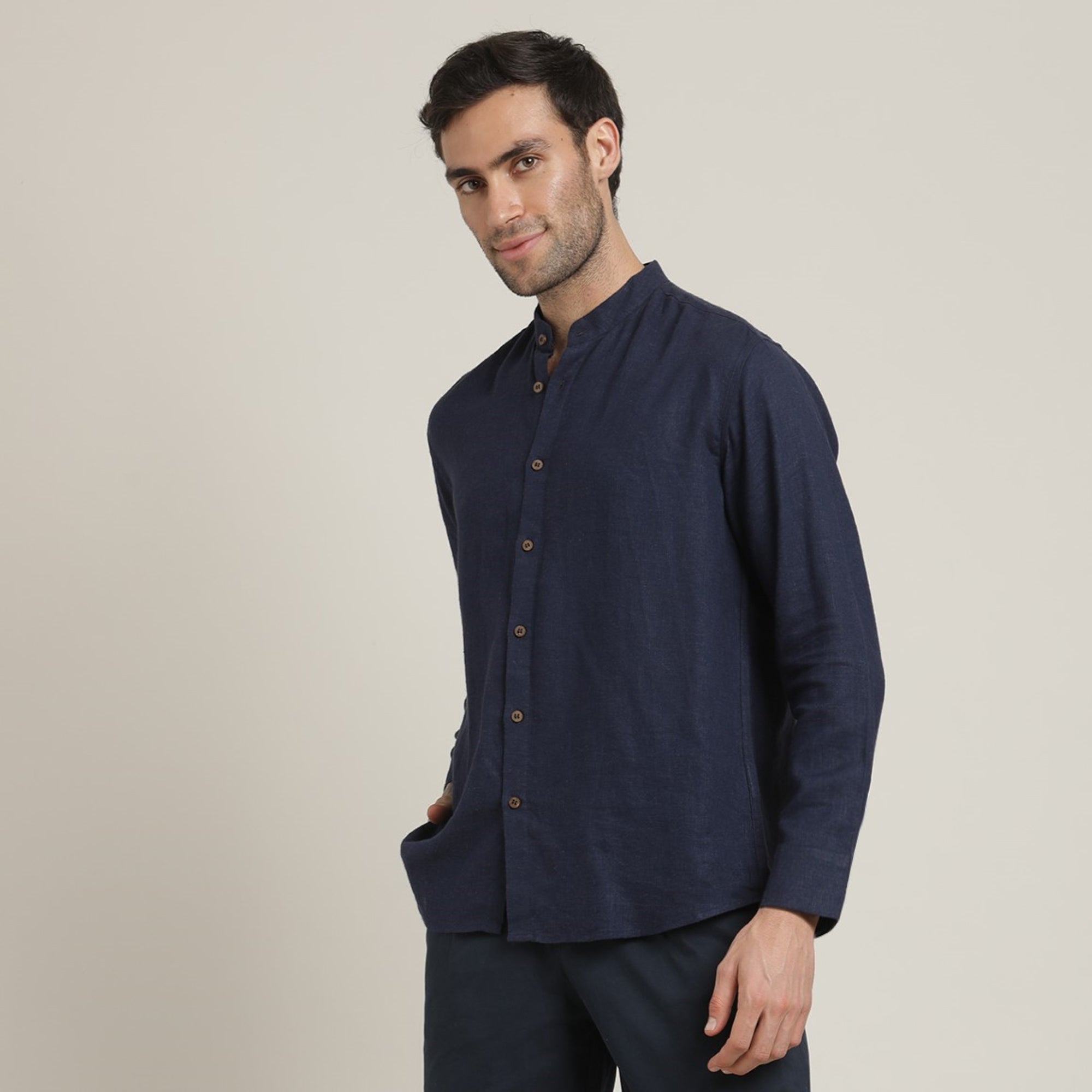 Field Shirt - Relaxed Fit - Mandarin Collar - Linen Blend – Navy Blue