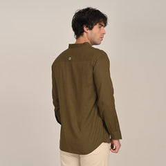 Field Shirt - Relaxed Fit - Mandarin Collar - Linen Blend  Olive Green