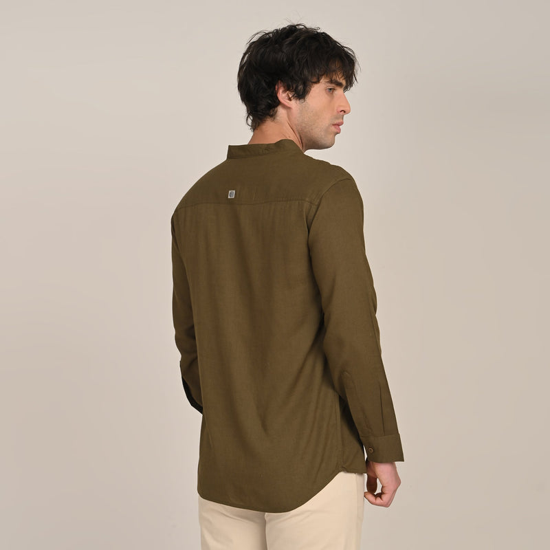 Field Set of 2 - Relaxed Fit Mandarin Collar Shirt & Relaxed Fit Pleated Cotton Chinos  Olive & Beige