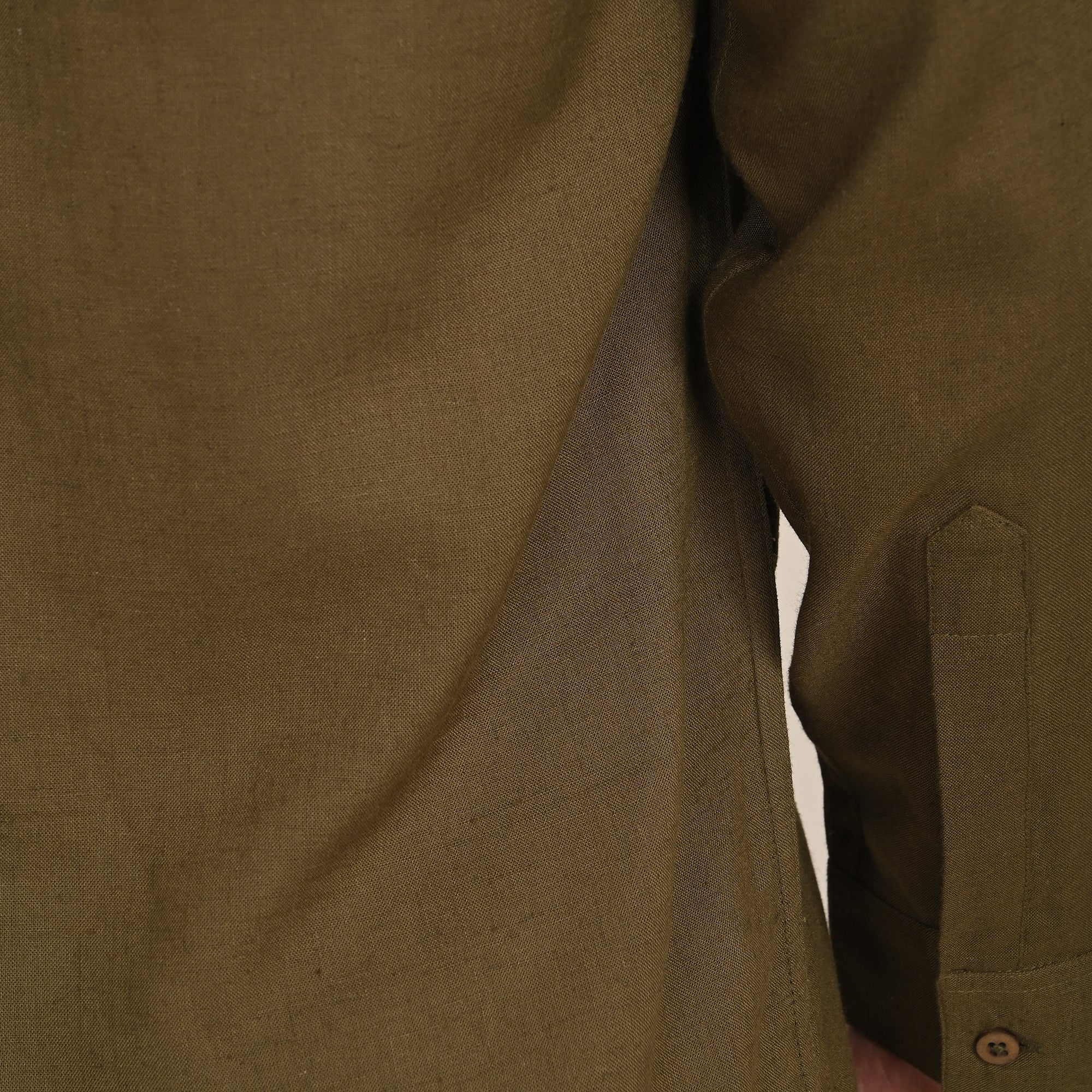 Field Shirt - Relaxed Fit - Mandarin Collar - Linen Blend  Olive Green