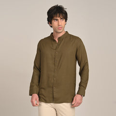 Field Set of 2  Relaxed Fit Mandarin Collar Shirt & Relaxed Fit Pleated Cotton Chinos  Olive & Beige