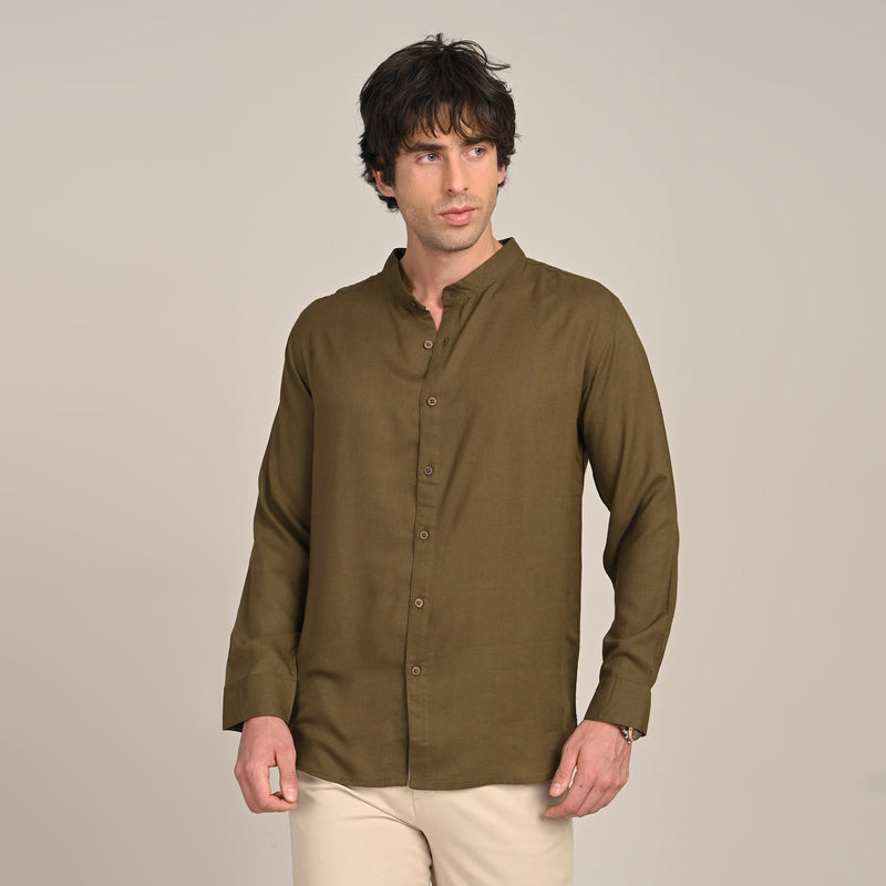 Field Shirt - Relaxed Fit - Mandarin Collar - Linen Blend  Olive Green