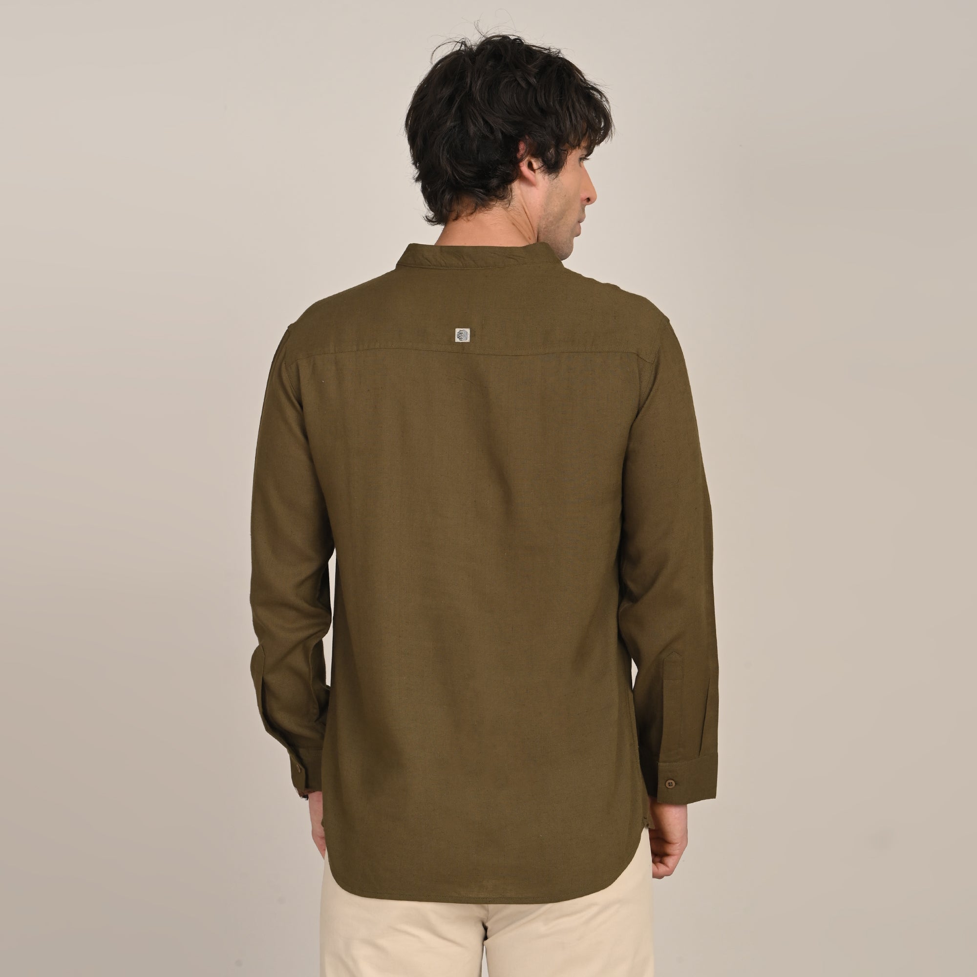 Field Shirt - Relaxed Fit - Mandarin Collar - Linen Blend  Olive Green