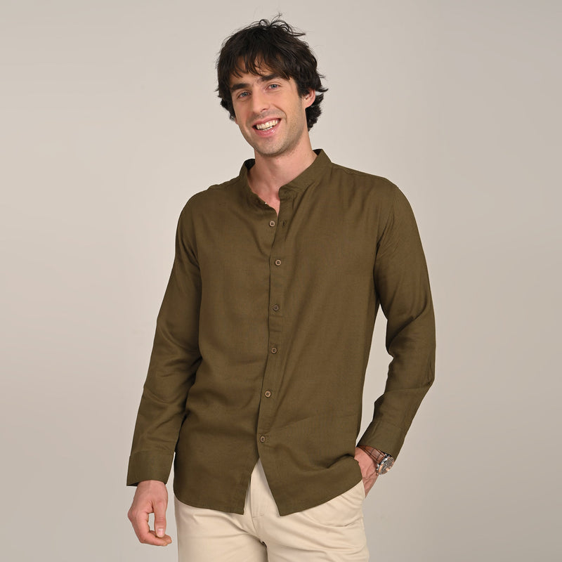 Field Shirt - Relaxed Fit - Mandarin Collar - Linen Blend  Olive Green