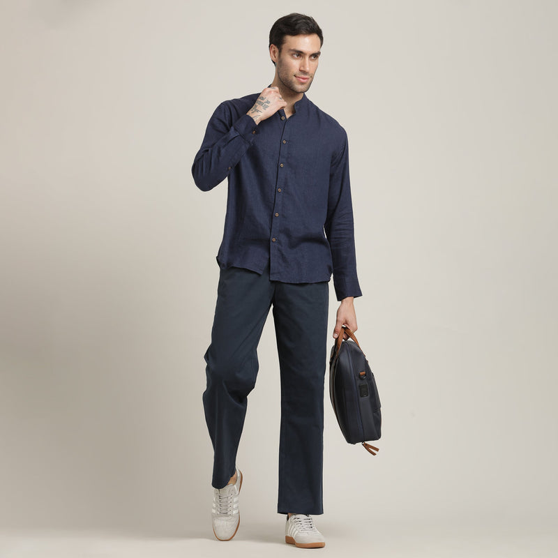 Field Set of 2 - Relaxed Fit Mandarin Collar Shirt & Relaxed Fit Pleated Cotton Chinos – Navy Blue