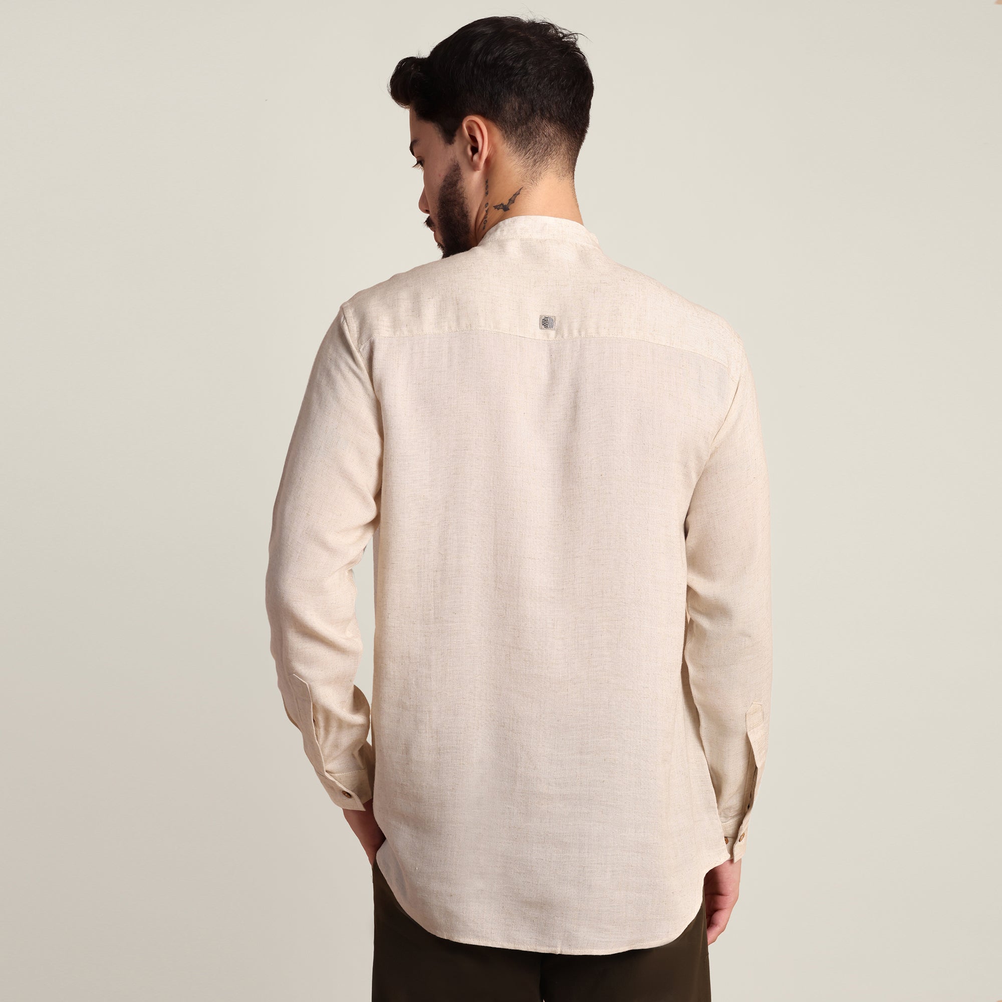 Solora Limited Edition Set Of 2 - Soft Linen Mandarin Collar Half Placket Shirt With Contrast Embroidery - Cotton Chino Pants - Beige & Army Green