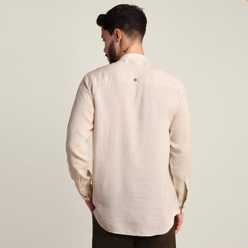 Solora Limited Edition Set Of 2 - Soft Linen Mandarin Collar Half Placket Shirt With Contrast Embroidery - Cotton Chino Pants - Beige & Army Green